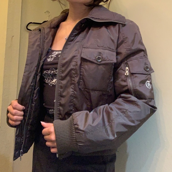 Guess Medium Cargo Y2K Style Embroidered Pocketed Zip Up Collared Puffer Jacket - Picture 3 of 12